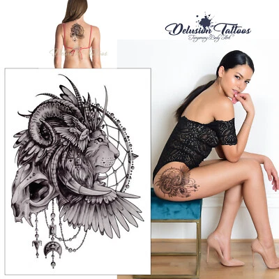 DELUSION TATTOOS Indian Lion Dreamcatcher Temporary Tattoo - Skull Body Art Womens Waterproof
