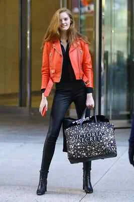 Chaqueta Abrigo Real Motociclista Motocicleta Para Mujer Naranja Genuino Piel de Cordero Cuero Chaqueta Foto 1 de 4