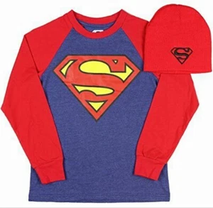 DC Comic Superman Logo Child size 4-5 8 10-12 14 16 18 T-Shirt & Beanie Hat New - Picture 1 of 2