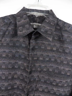 JHANE BARNES MENS MEDIUM CASUAL SPORT SHIRT CHARCOAL GREY BEIGE GEOMETRIC STRIPE - Image 1 of 4