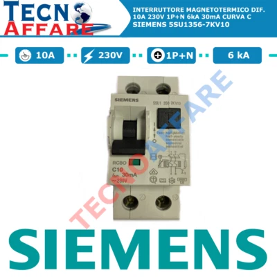 Interruttore Magnetotermico Differenziale C10 10A 6kA 1P+N 30mA Curva C Siemens - Immagine 1 di 2