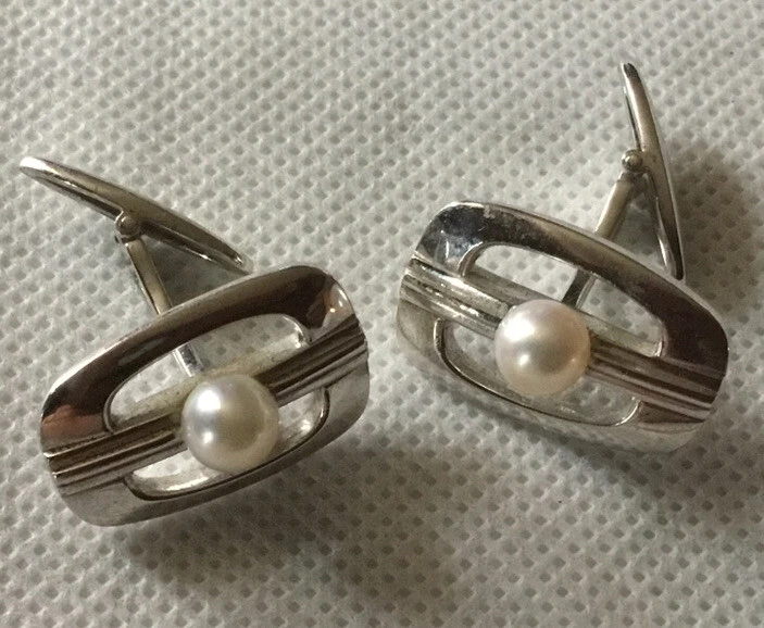 Vintage Pearl Mikimoto Silver Men’s Cufflinks Fine - Image 1 of 4