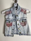Fire Los Angeles DenimBleach Wash Jean Vest Youth Small Patches Rock Fray