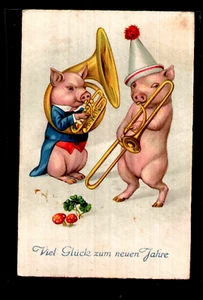 Postal Felicitaciones Año Nuevo, Artista Dibujado, Cerdos Haciendo Música Setas - Imagen 1 de 2