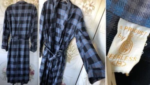 VTG 40s PEERLESS MEN'S SHADOW PLAID GABARDINE LOUNGE ROBE SMOKING BLUE BLACK M - Picture 1 of 11