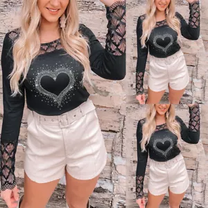 Women Lace Heart Hot Drilling Shiny Mesh Tops Ladies Long Sleeve T Shirt Blouse - Picture 1 of 14