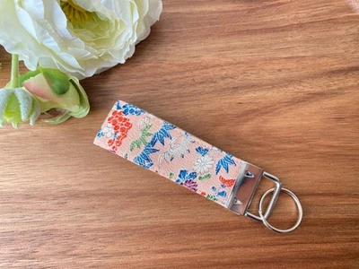 A Mini Japanese Kimono Silk fabric Key holder, strap, chain Pink floral Handmade - Image 1 of 4
