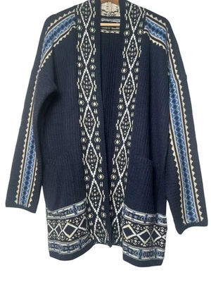LUCKY BRAND Long Knit Sweater Cardigan Sz XL Pockets Aztec Western Boho - Image 1 of 4