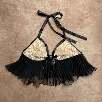 Vintage Y2K Cabernet Floral Lace Pleated Bralette Lingerie Halter Top Romantic - Image 1 of 4