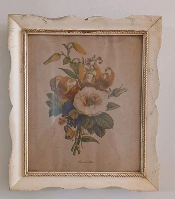 Винтажный принт «Розы и лилии» с глубокой резной рамой около 1940-х, 50-х 12 «x 14» - Изображение 1 из 4