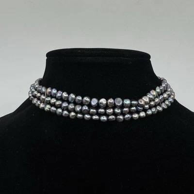 Three Strand Peacock Pearl Choker Sterling Silver 13 - 14.75” Long - Image 1 of 4