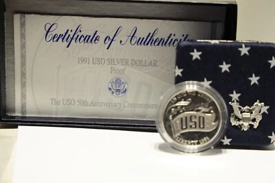 Proof 1991-S USO 50th Anniversary Commemorative 90% Silver Dollar Box/COA - Image 1 of 4