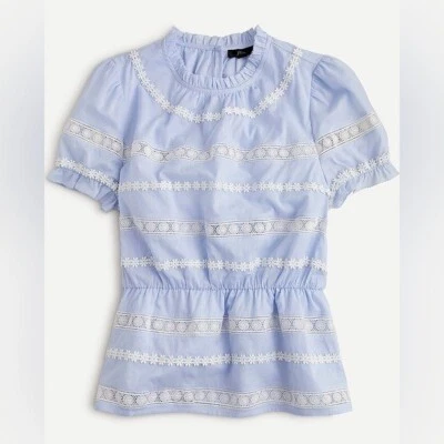 🌻J. Crew Daisy-chain Blue Peplum Short Sleeve Top w White Embroidery Size M - Image 1 of 4