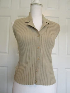Vintage 90'S Ribbed Collared Knit Button Up Beige Vest Top Juniors Size M - Picture 1 of 6