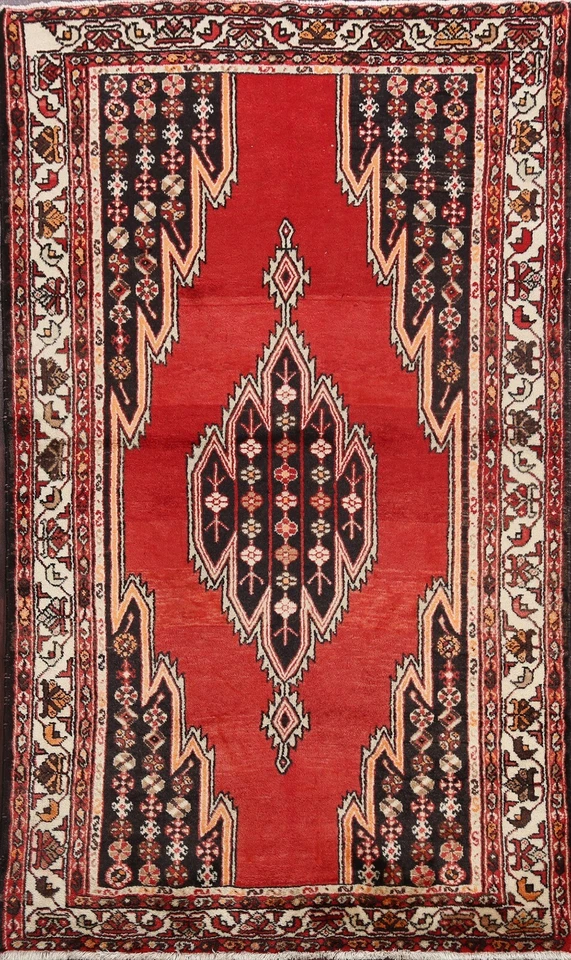 Geometric Semi Antique Hamedan Area Rug Traditional Hand-knotted Wool Carpet 4x7 - Image 1 of 4