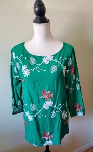 Ana & Rose Women's XL Embroidered Top 3/4 Sleeve Scoop Neck Green- FLAW/SIZE - Picture 1 of 12