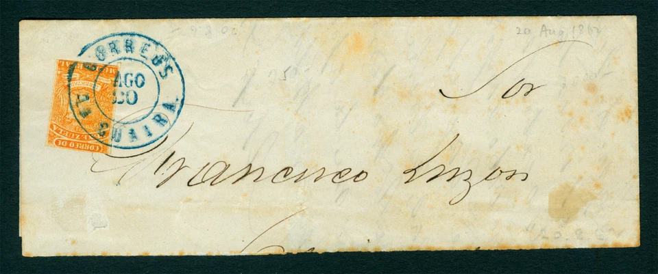 VENEZUELA 1862  Coat of Arms  ½r orange  Sc#1a  on large part cvr from LA GUAIRA - Image 1 of 2