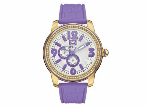 Marc Ecko Women’s The Miami Crystal Accented Gold Tone SS Purple Strap Watch NEW - Image 1 of 1