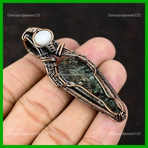 Copper Natural Seraphinite Rainbow Moonstone Sister Wire Wrapped Pendant Jewelry - Picture 1 of 7