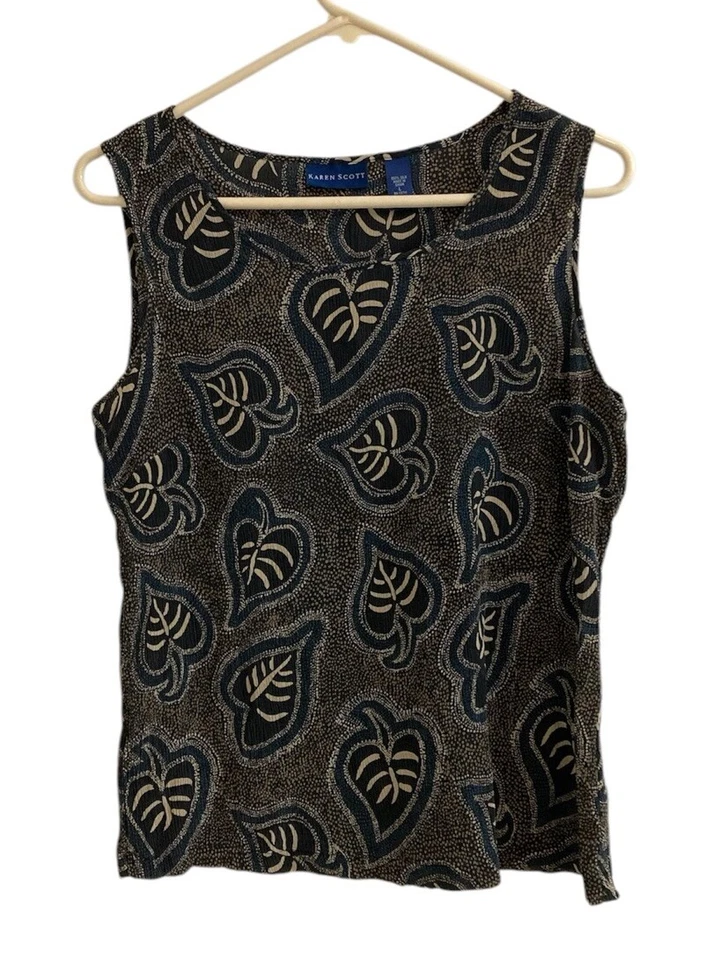 Camiseta sin mangas Karen Scott para mujer talla L floral 100 % seda marrón gasa negra boho Foto 1 de 4