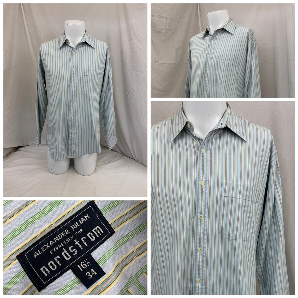 Camisa de vestir Alexander Julian Nordstrom 16,5 34 azul a rayas algodón YGI N2-185 Foto 1 de 4