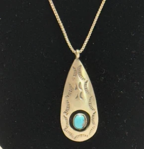 SIGNED A.WHITE VINTAGE NAVAJO STERLING SILVER TURQUOISE SHADOW BOX PENDANT CHAIN - Picture 1 of 12