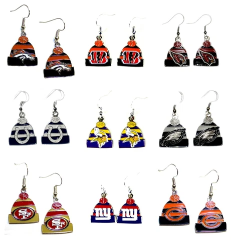 NFL LICENSED DANGLE EARRINGS BEANIE HAT STYLE W/ LOGO CHOOSE YOUR TEAM Cover