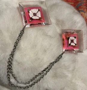 Reverse Carved Lucite Floral Brooch Diamond Square Double Collar Chain Neon Pink - Picture 1 of 8