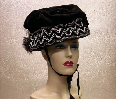 Antique Edwardian Ladies Black Velvet Hat with Beading & Feathers Ribbon Tie On  - Image 1 of 4