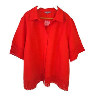 Jessica London Womens Blouse Top Linen Blend Short Sleeve Lace NWT Sz 24W Orange - Picture 1 of 7