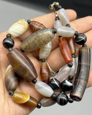 Vintage Used  Mix Agate Beads Mala Lovely Mix Asia Banded Agate Beads Necklace - Image 1 of 4
