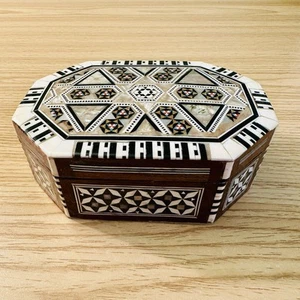 Mosaic Abalone Mother of Pearl Inlaid Wood Jewelry Trinket Box Red Velvet 5.5x2” - Picture 1 of 8