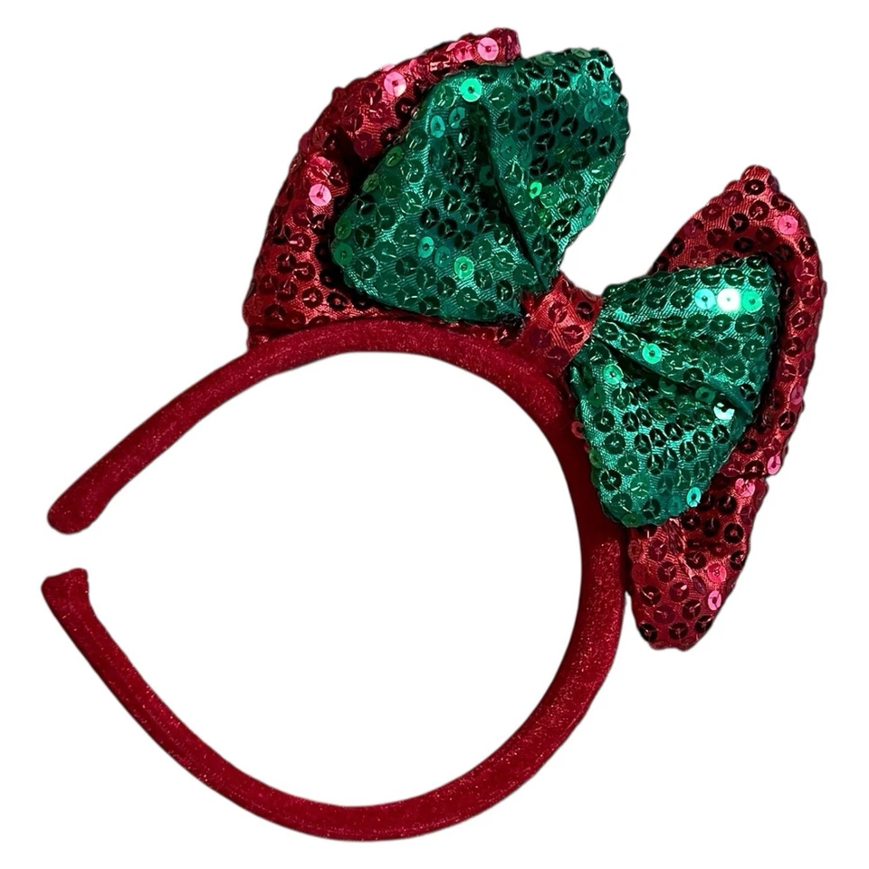 Diadema con lazo de Navidad para niñas roja y verde brillante secuencia banda dura Foto 1 de 4