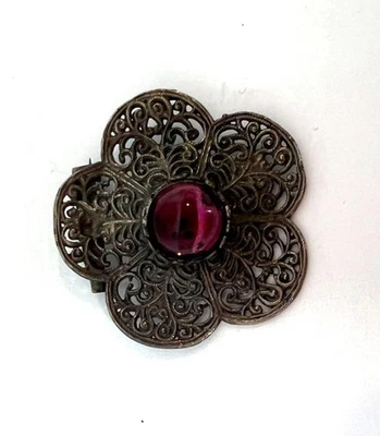 Antiqued Silver Filigree Brooch With Purple Stone Center Vintage Jewelry - Image 1 of 3
