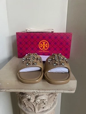 Women's NIB Tan TORY BURCH Crystal Double T Sport Slide Size 9.5 - Imagem 1 de 4