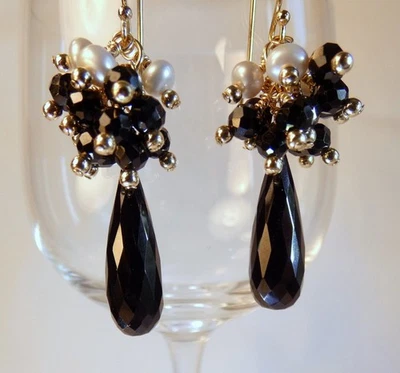 Black Spinel - White Fresh Water Pearl Gold Beaded Earrings - Image 1 of 4