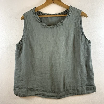 Top con volantes cuadrados 100 % lino talla M verde salvia de gran tamaño Lagenlook Foto 1 de 4