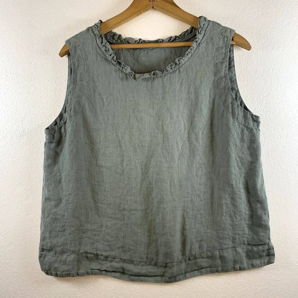 Top con volantes cuadrados 100 % lino talla M verde salvia de gran tamaño Lagenlook Foto 1 de 4