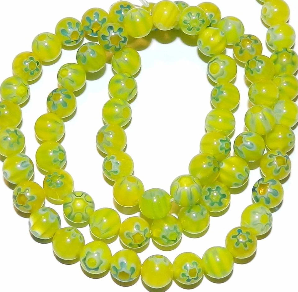 G2464 Cuentas de Vidrio Millefiori Redondas 6mm Verde con Flores Azul Claro 16"  Foto 1 de 1