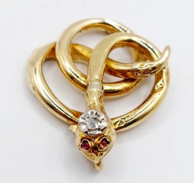 Pendentif antique or 18k serpent diamant taille rose et rubis (circa 1900) - Photo 1/4