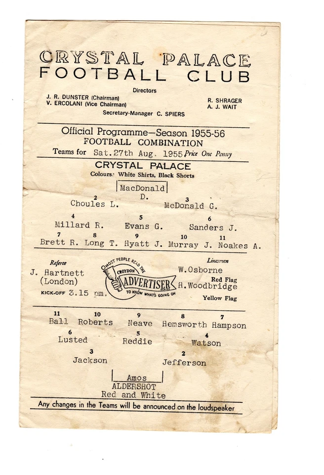Crystal Palace v Aldershot Reserves Programme 27.8.1955 - Image 1 of 1