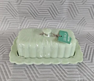 Pioneer Woman Jadeite Butter Dish Green Glass Scalloped Edge NEW - Picture 1 of 7