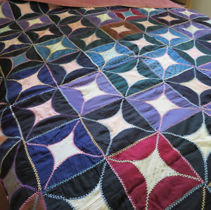 Vtg Handmade Star Block Quilt Feather Stitching Blue, Red, Purple, Brown 72 x 78