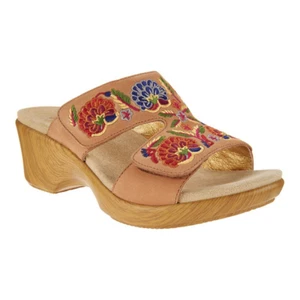 Alegria Linn Embroidered Leather Slip On Wedge Sandals Cognac Women's Size 6-6.5 - Picture 1 of 8