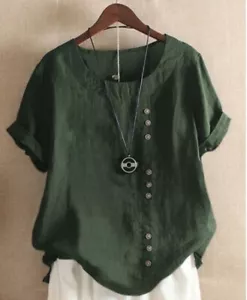 NEW Linen Embroidered Olive Green Blouse Button Shirt Size Large Short Sleeve - Picture 1 of 5