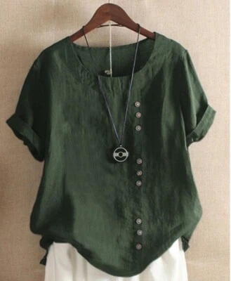 NUEVA Blusa Camisa Lino Bordada Verde Oliva Botón Talla Grande Manga Corta Foto 1 de 4