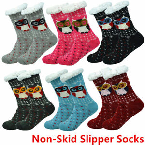 For Winter Non Skid Fuzzy Sherpa Fleece Cushion Grip House Slipper Socks Owl Lot