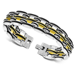 Stainless Steel Silver-Tone Gold-Tone Black Link Chain Men's Bracelet, 8.5"