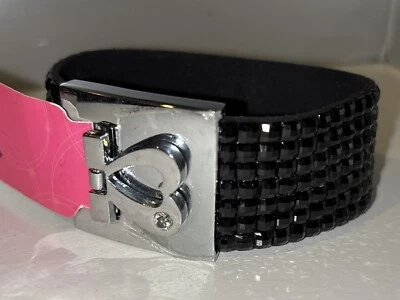 "Pulsera de diamantes de imitación negros correa banda de 1" con cierre de corazón tono plateado 7""" Foto 1 de 4