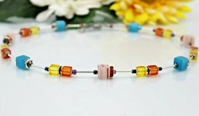 Würfelkette Perlen Halskette Millefiori Türkis Orange Gelb Strass Damen #M020 - Bild 1 von 4